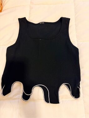 Kids Black Ribbed Tank Top with Scalloped Hem